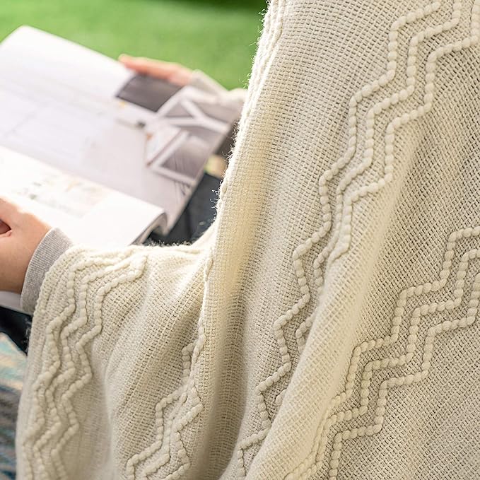MIULEE Knitted Beige Throw Blanket Soft Sofa Knit Blanket for Couch 50 x 60 Inches, Solid Cozy Lightweight Wave Pattern Decorative Blankets with Tassels for Women, Kids and Babys