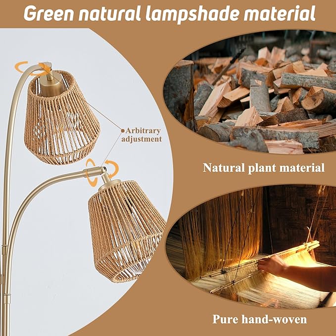 Gold Rattan Floor Lamp for Living Room, 72 Inch Tall Boho Floor Lamp with Rotary Switch, 3 Lights Arc Lamp with Wicker Shade for Coastal,Bohemian,Modern,Tree Farmhouse Standing Lamp