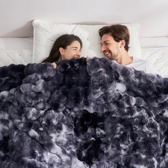 Cozy Bliss Faux Fur Throw Blanket for Couch, Fuzzy Soft Plush Thick Bubble Blanket for Sofa Bedroom Living Room, 90 * 90 Inches Tie Dye Black
