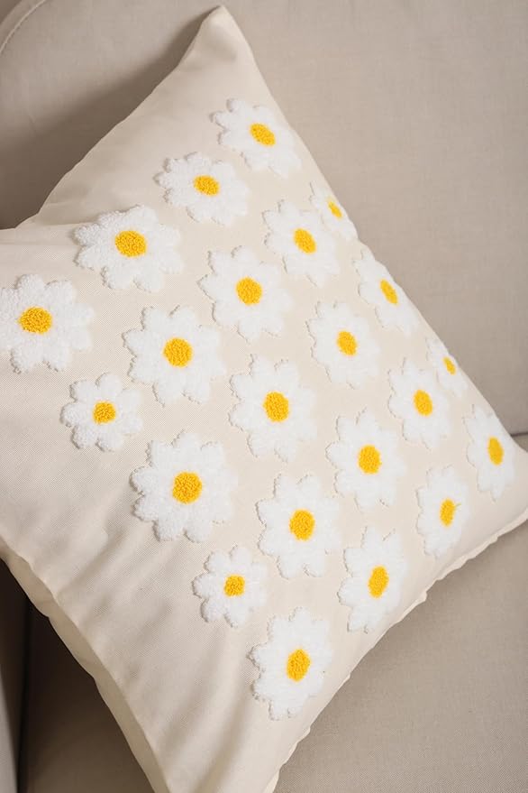 katre home madame & textile Throw Pillow Cover – Handcrafted Daisy Design on Natural Cotton – 18x18 inch – Decorative Punch Needle Cushion Cover – Boho Floral Accent Pillowcase
