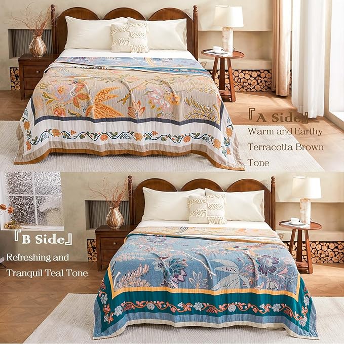 Boho Blanket, 100% Cotton Farmhouse Decorative Throw Blanket, 60"x80" Reversible Bohemian Throw Blanket, Brown All Season Muslin Breathable Woven Blankets Quilt