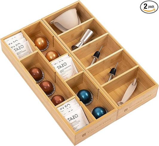 Premium Utensils and Tea Bag Drawer Organizers – 14-Compartment Design with Removable Dividers, Non-Slip Feet, 100% Sustainable Bamboo, 2 Pack