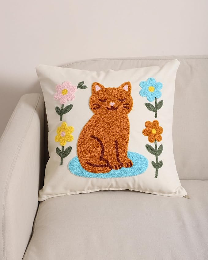 katre home madame & textile Cat Throw Pillow Cover – 100% Cotton Embroidered Decorative Cushion Case 18x18 – Handmade Punch Needle Pillow for Sofa, Bed, Couch or Gift for Cat Lovers