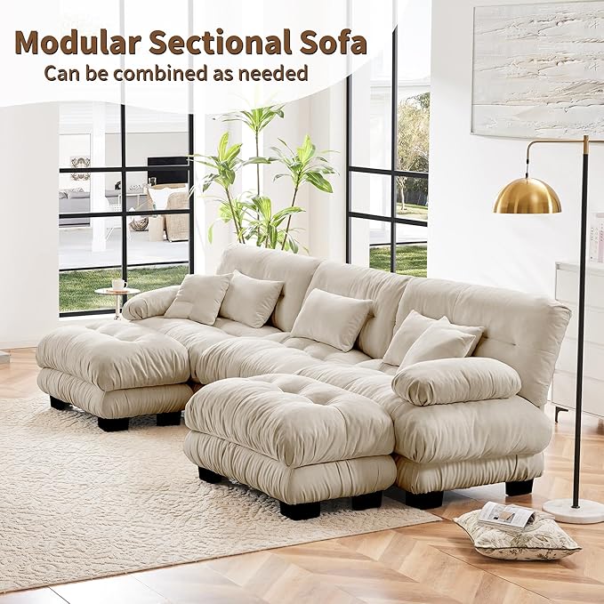 U Shaped Couch Sectional Couch, 3-Seater Cloud Couch Sectional Oversized Couch, Sofa Bed Couch with Round Bolster Armrests 5 Pillows, Modular Couch Home Sofa Living Room Couch
