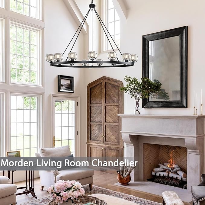 Black Wagon Wheel Chandelier, 59 Inch Black Chandeliers with Unique Glass Shade, 15-Light Crystal Large Wagon Wheel Chandeliers for Dining Room, High Ceiling Round Chandelier for Living Room, Foyer