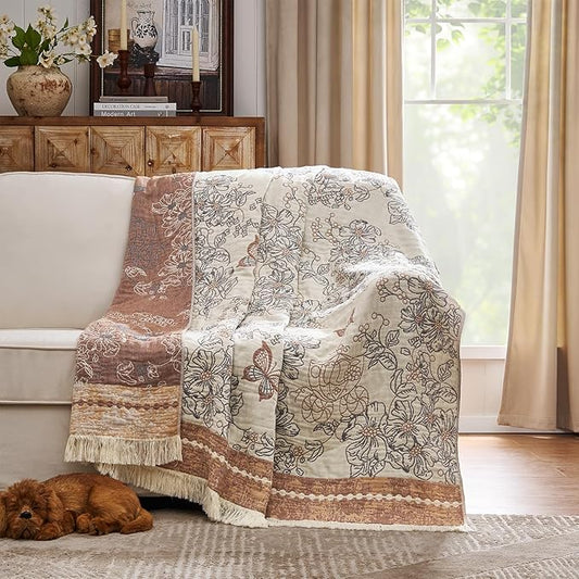 JINCHAN Boho Floral 100% Cotton Blanket 4-Layer Throw Blanket with Tassel Taupe and White Flower Butterfly Soft Luxury Rustic Farmhouse Decor Blanket for Couch Bed 60x80 inch All Season gift for women