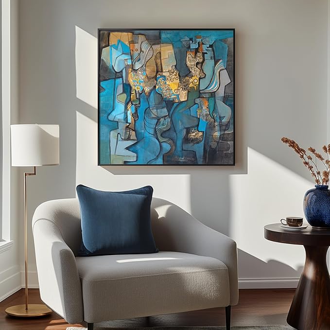 Framed Blue Modern Abstract Wall Art, Large Canvas Paintings Artwork for Walls, Minimalist Art Prints Pictures for Living Room, Hallway, Bedroom, Office, Bathroom Wall Decor -24x24 Inch