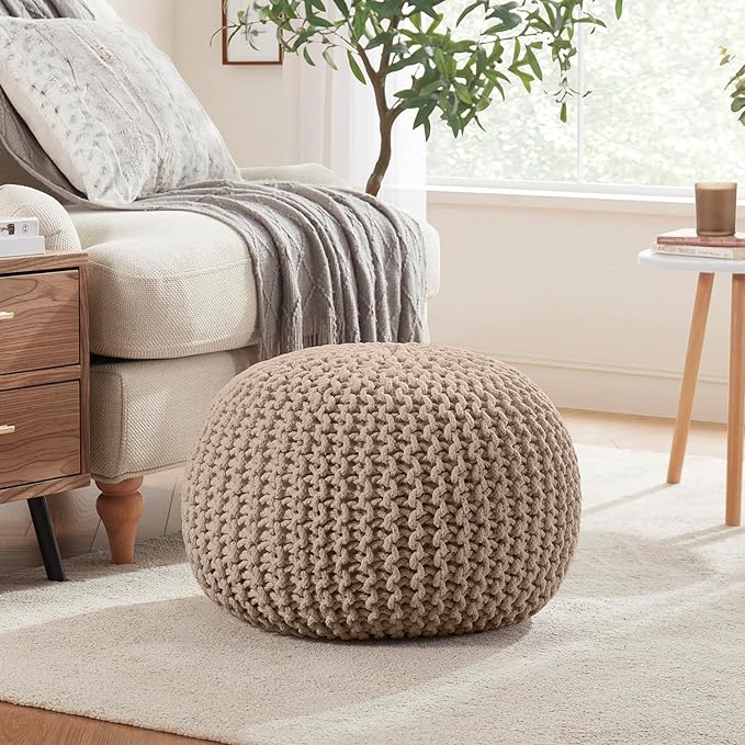 Ornavo Home Pouf Ottoman Foot Rest - 100% Cotton Pouffe - Hand Knitted Cable Braid Cord - Boho Round Stuffed Ottoman for Living Room, Bedroom - Beige
