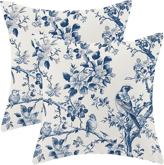 Navy Blue Spring Floral Pillow Covers 16 x 16 Inch Set of 2 for Vintage Chinoiserie Flowers Bird Decor Throw Pillows Plant Farmhouse Outdoor Decorative Cushion Cases for Couch Bed Decorations