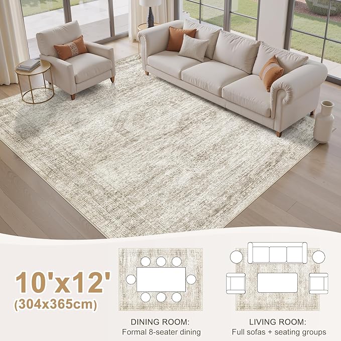 Washable Area Rugs for Living Room -10x12 Neutral Vintage Distressed Floral Farmhouse Boho Large Soft Floor Rug Indoor Non Slip Carpet for Living Room Bedroom Dining Room Office - Beige