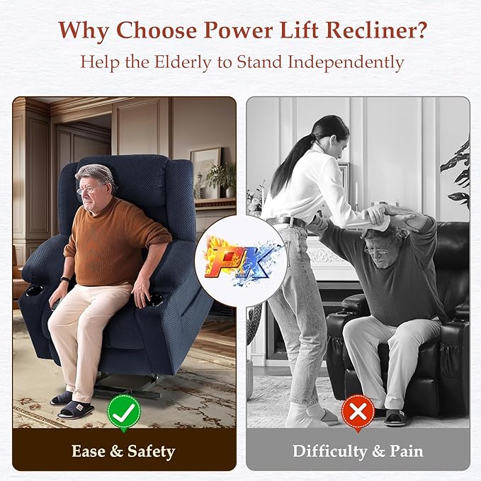 Three Motor Large-Wide Power Lift Chairs Recliners for Big and Tall Elderly, 180° Lay Flat Lift Chair, Infinite Position, Power Headrest, Heat & Vibration Massage (Plush Flannel, Navy Blue)