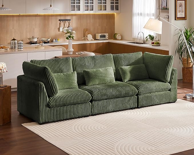 Oversized Modular Sofa, Extra Deep Cloud Corduroy Sectional Couch with Ottoman Chaise, Fluffy Chenille 3 Seater Sofa for Living Room, Villa (Basic 3 Seater, Corduroy Green)