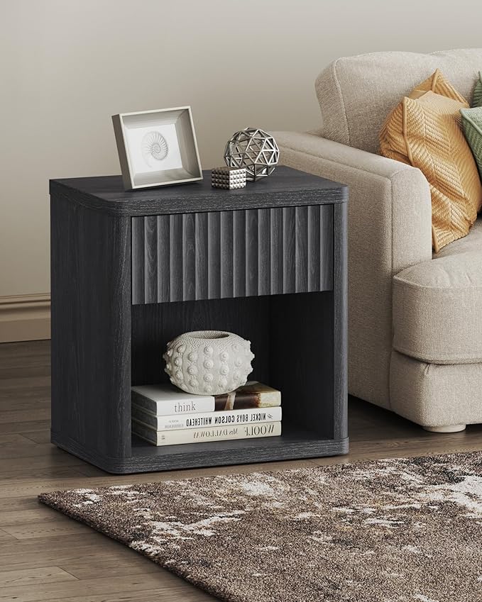 SICOTAS Night Stand Nightstand with Drawer Storage Fluted Bed Side Table End Table Large Modern Wide Bedside Mid Century Night Stands for Bedroom Living Room Sofa Couch Home Office, Dark Grey Alder