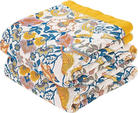 Boho Blanket Throw Quilt, 100% Cotton Soft Light Weight Throw Blankets for Summer, 60"x80" Farmhouse Flower Decorative Blankets, All Season Rustic Reversible Bohemian Throw Quilt