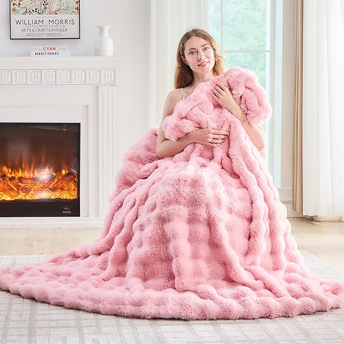 Lotus Karen Faux Fur Throw Blanket Pink - Big Bubble Rabbit Fluff Blanket for Couch, Small Fluffy Fuzzy Cozy Blanket,Thick Furry Plush Shaggy Blankets,50x60 Inches