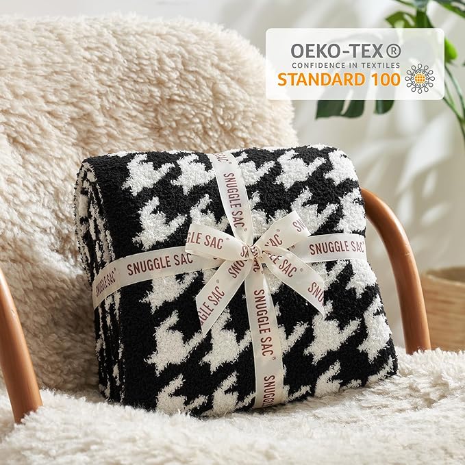Snuggle Sac Houndstooth Throw Blanket for Couch, Reversible Super Soft Warm Blankets Cozy Knit Fuzzy Plush Lightweight Throws for Sofa, Bed, Camping, Black,50x60 inches
