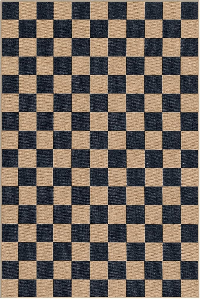 Lahome Checkered Easy Jute Carpet, Washable Area Rug 6x9 Neutral Outdoor Patio Rug, Farmhouse Checkerboard Non Slip Non Shedding Floor Carpet for Dining Living Room Deck Sunroom