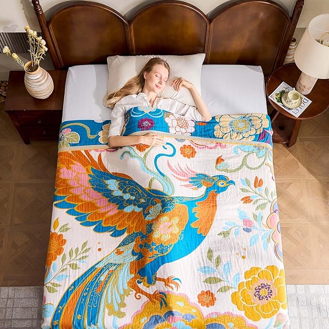 Boho Throw Blanket, Lightweight Blankets for Summer, 100% Cotton Bohemian Decorative Throw Blanket, 60"x80" Reversible Muslin Breathable Woven Farmhouse Blankets Quilt,