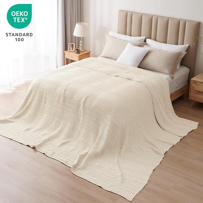 PHF 100% Cotton Waffle Blanket Oversized King 120"x120", Lightweight Breathable Extra Large 10'x10' Summer Blankets for Bed, Giant Big Luxury Aesthetic Woven Bedding for Home Decor, Undyed
