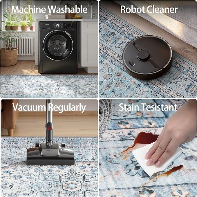 DCX Machine Washable Blue and Beige Area Rugs 5x7, Non Slip Stain Resistant Vintage Floral Rug for Living Room Bedroom Nursery, Soft Low Pile Large Carpet