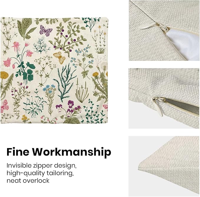 CXMEIFLY Spring Pillow Covers 20 x 20 Inch Set of 2 Vintage Sage Green Teal Wild Flowers Decor Throw Pillows Leaves Plant Outdoor Farmhouse Decorative Cushion Cases for Couch Bed Sofa Decoration