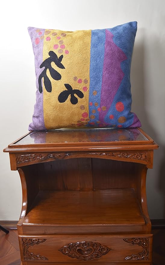 Matisse Gold Pillow Cover Purple Modern Pillowscase Chair Cushion Abstract Farmhouse Flower Outdoor Mid Century Hand Embroidered Wool Size 18x18