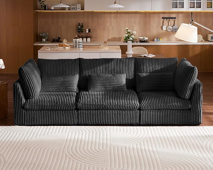 Oversized Modular Sofa, Extra Deep Cloud Corduroy Sectional Couch with Ottoman Chaise, Fluffy Chenille 3 Seater Sofa for Living Room, Villa (Basic 3 Seater, Corduroy Black)