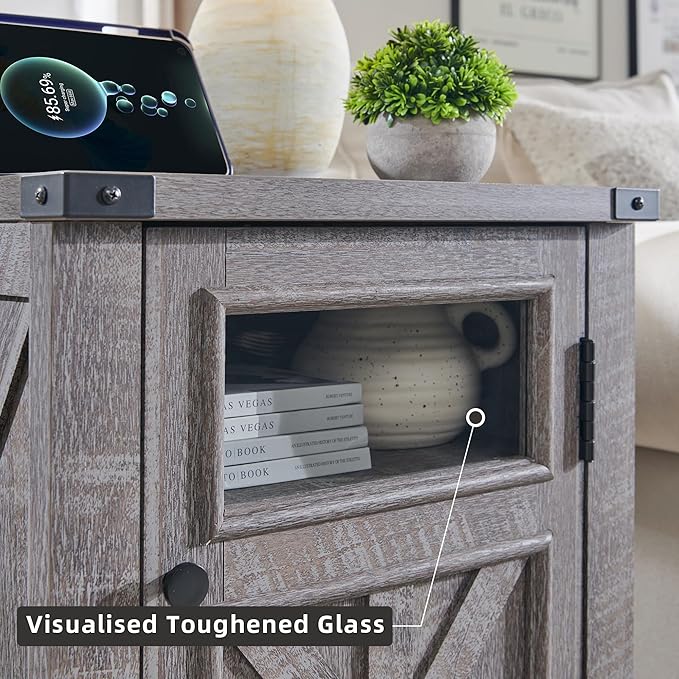 JXQTLINGMU Farmhouse End Table with Charging Station, 18'' Rustic Nightstand with Barn Door & Adjustable Shelf, Wooden Sofa Side Table with 3-Tier Storage for Living Room, Bedroom, Gray