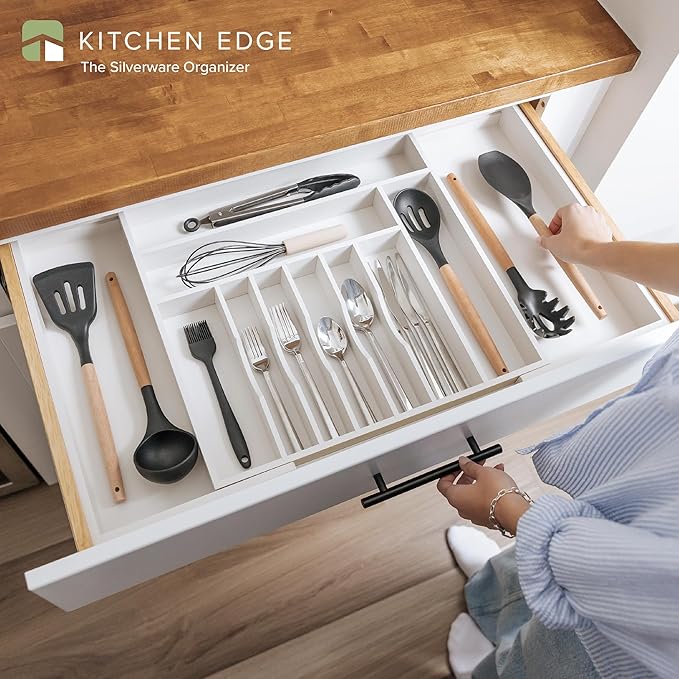 Premium Silverware, Flatware and Utensil Organizer for Kitchen Drawers, Food-Safe Contract Grade, Expandable from 18 to 33 In, White Bamboo