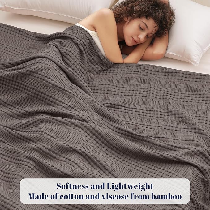 PHF Cooling Waffle Blanket Twin Size, Lightweight 60% Rayon Derived from Bamboo & 40% Cotton Breathable Blanket for Hot Sleepers, Soft and Luxury for Bed Couch and Sofa, 66"x90", Dark Grey