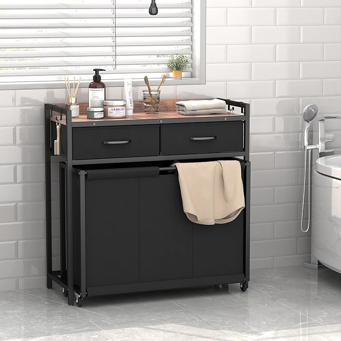 Laundry Hamper Laundry Basket with 3 Section Pull-Out Rolling Bags, Laundry Sorter for Organization and Storage with 2 Pull-Out Drawers for Laundry Room, Bathroom, Bedroom Use (Rustic Brown)
