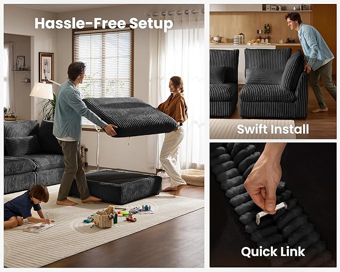Oversized Modular Sofa, Extra Deep Cloud Corduroy Sectional Couch with Ottoman Chaise, Fluffy Chenille 3 Seater Sofa for Living Room, Villa (Basic 3 Seater, Corduroy Black)