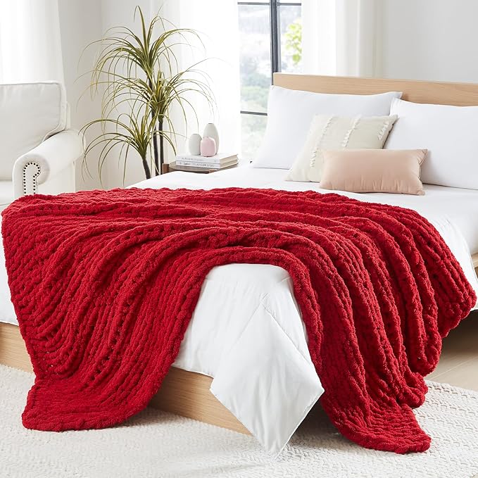 L'AGRATY Chunky Knit Blanket Throw - Soft Chunky Throw Blanket 30x40: 100% Hand Kintted Chenile Crochet Blanket Large Cable Knit Chunky Blanket - Rope Knot Throw Blanket for Couch Home Decor(Red)