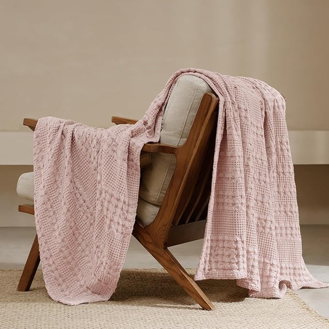 PHF 100% Cotton Waffle Weave Throw Blanket, Soft Lightweight Breathable Cozy Summer Throws for Couch Bed Sofa, Luxury Aesthetic Woven Blanket for Home Decor & Office, 50"x60", Pink/Mauve