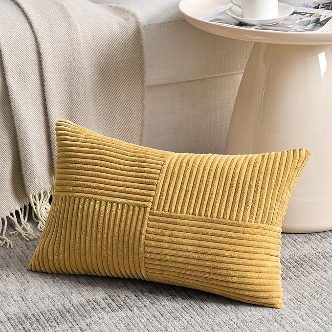 Fancy Homi 2 Packs Mustard Yellow Long Lumbar Decorative Throw Pillow Covers 12x24 Inch for Couch Bed, Rustic Farmhouse Boho Home Decor, Soft Striped Corduroy Rectangle Accent Cushion Case 30x60 cm