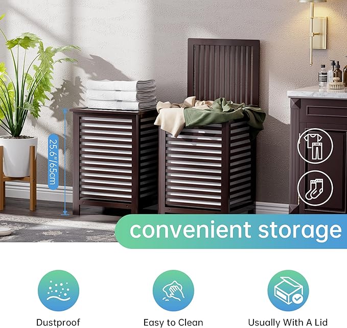 SMIBUY Double Laundry Hamper with Lid, 120L Bamboo Laundry Basket with Removable Liner Bag, 2-Section Clothes Divider Laundry Sorter for Laundry Room, Bathroom, Bedroom (Dark Brown)