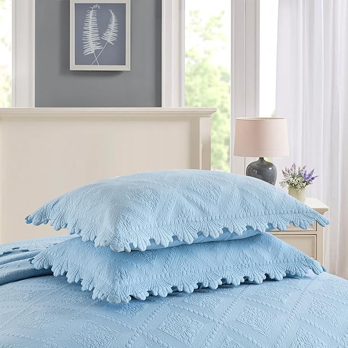 MarCielo 3-Piece 100% Cotton Oversized Bedspread Lightweight Quilt Coverlet Embroidery Farmhouse Bedding Set (TK Light Blue, Oversized King (118"x106"))