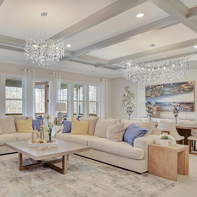 Modern Round Crystal Chandeliers, 30" Crystal Chandeliers for Dining Room,Silver Tree Branches Chandelier, for Living Room,High Ceiling,Foyer,Entryway,Kitchen Island