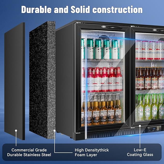 Tylza Back Bar Cooler With 3 Glass Doors, 312L Under Counter Back Bar Refrigerator with LED Lighting, Safety Locks, Counter Height Bar Beverage Cooler for Beer, Soda Drinks, Wine, Black