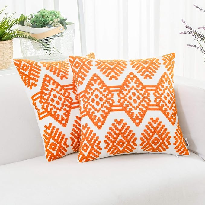 HWY 50 Orange Decorative Throw Pillow Covers 18x18 Inch, Pack of 2 Embroidered Cotton Farmhouse Cushion Cover Pillow Case for Sofa Couch Living Room Bed Bedroon, Modern Diamond Geometric