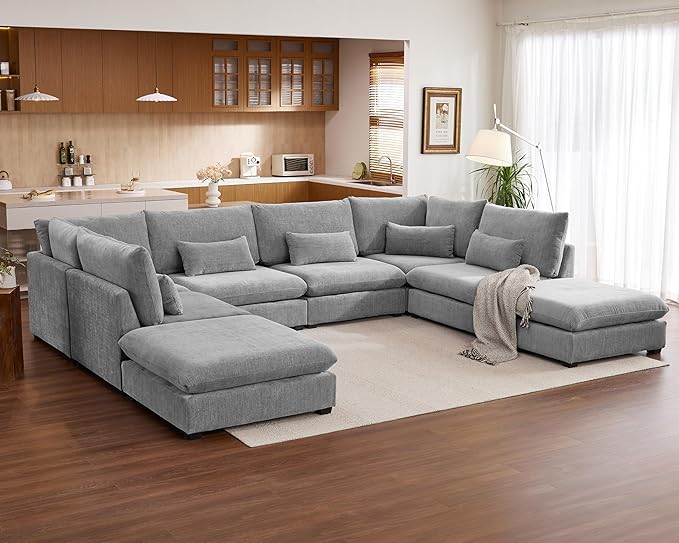 Oversized Modular Sofa, Extra Deep Cloud Chenille Sectional Couch with Ottoman Chaise, Fluffy Chenille 8 Seater Sofa Bed for Living Room, Villa (Sofa Bed 8 Seater, Chenille Grey)