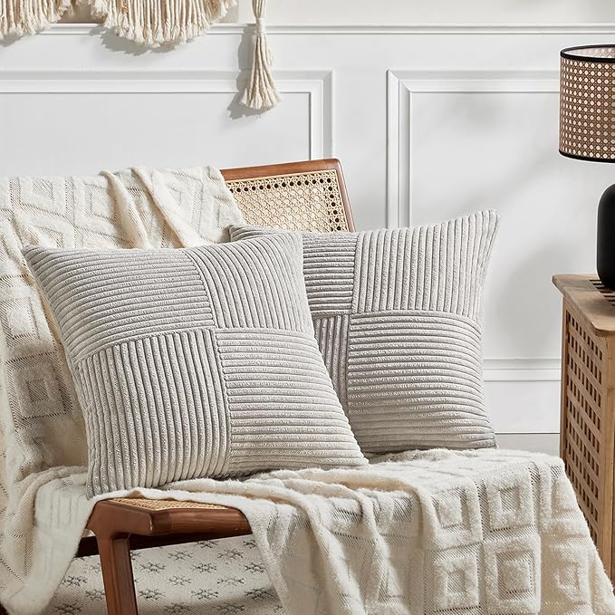 Fancy Homi 2 Packs Neutral Grey Euro Decorative Throw Pillow Covers 26x26 Inch for Couch Bed Sofa, Rustic Farmhouse Boho Home Decor, Soft Corss Corduroy Patchwork Textured Square Cushion Case 66x66 cm