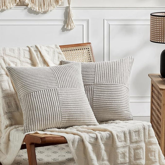 Fancy Homi 2 Packs Neutral Grey Euro Decorative Throw Pillow Covers 26x26 Inch for Couch Bed Sofa, Rustic Farmhouse Boho Home Decor, Soft Corss Corduroy Patchwork Textured Square Cushion Case 66x66 cm