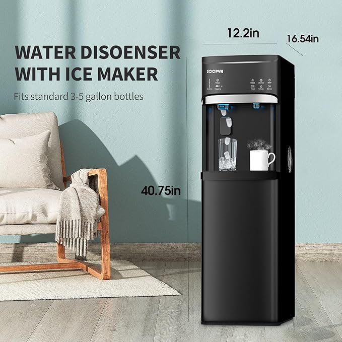 Self Cleaning Hot and Cold Bottom Load Water Cooler Dispenser with Ice Maker for 5 Gallon 3 Temperature Settings 22lbs Daily Capacity Black
