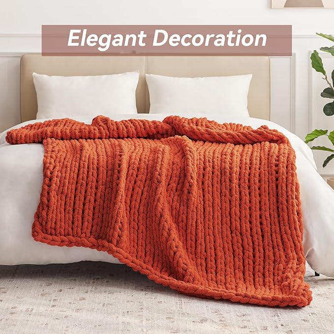 Chunky Knit Throw Blanket, 40''*50'' Fall Throw Blanket Knitted Chenille Yarn for Bed Couch, Handmade Orange Crochet Big Thick Blanket, Machine Washable Cute Comfy Blankets for Home Decor