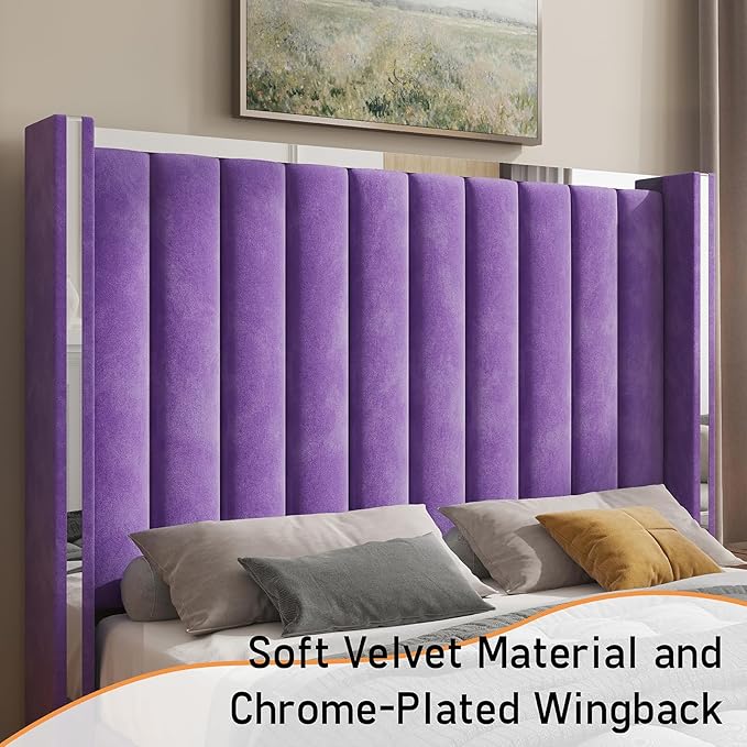 Jocisland Queen Bed Frame with 58" Tall Headboard, Velvet Upholstered Platform Bed with Channel Tufted Wingback Headboard and Plating Trim, No Box Spring Needed, Purple