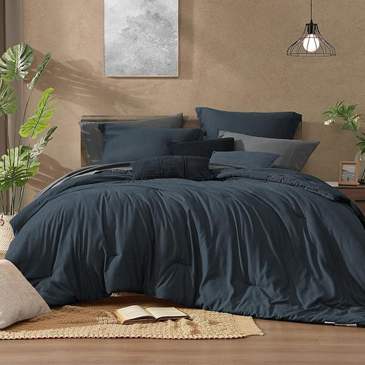 Monbix King Size Comforter Set, Navy Blue King Size Bed Set Reversible, King Comforter Set 7 Pieces, Cationic Dyeing Bed in a Bag with Comforter, Sheets, Pillowcases & Shams