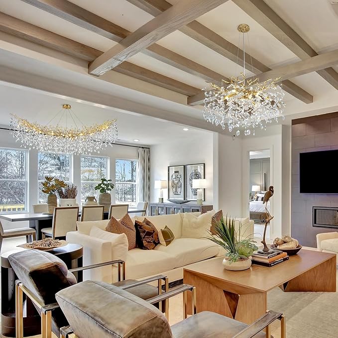 Modern Crystal Gold Chandelier,72" Large Rectangular Chandeliers for Dining Room, Tree Branch Crystal Lving Room Chandelier,Dining Room Over Table Chandeliers,Fixture Height-Adjustable