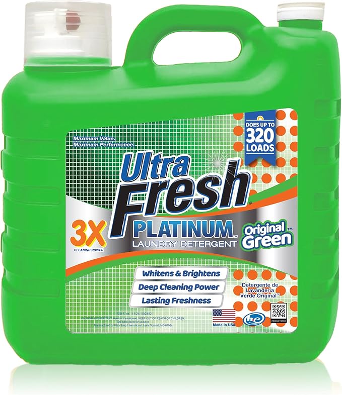 Ultra Fresh 2 Pack 3X Platinum Liquid Laundry Detergent up to 320 Loads, Original Green - Deep Cleaning Power and Fresh Scent for Washing Clothes