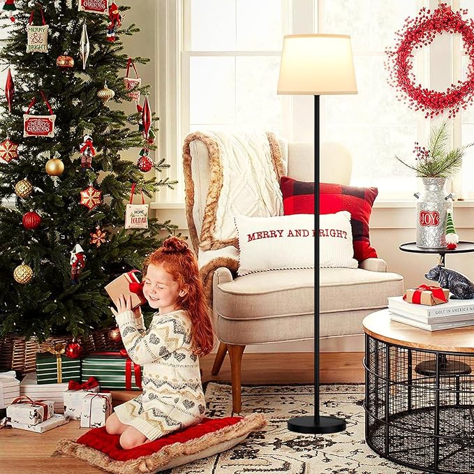 Modern Floor Lamp with Adjustable Brightness, Remote Control, Black, LED Bulbs, White Shade, Foot Switch, Easy Assembly